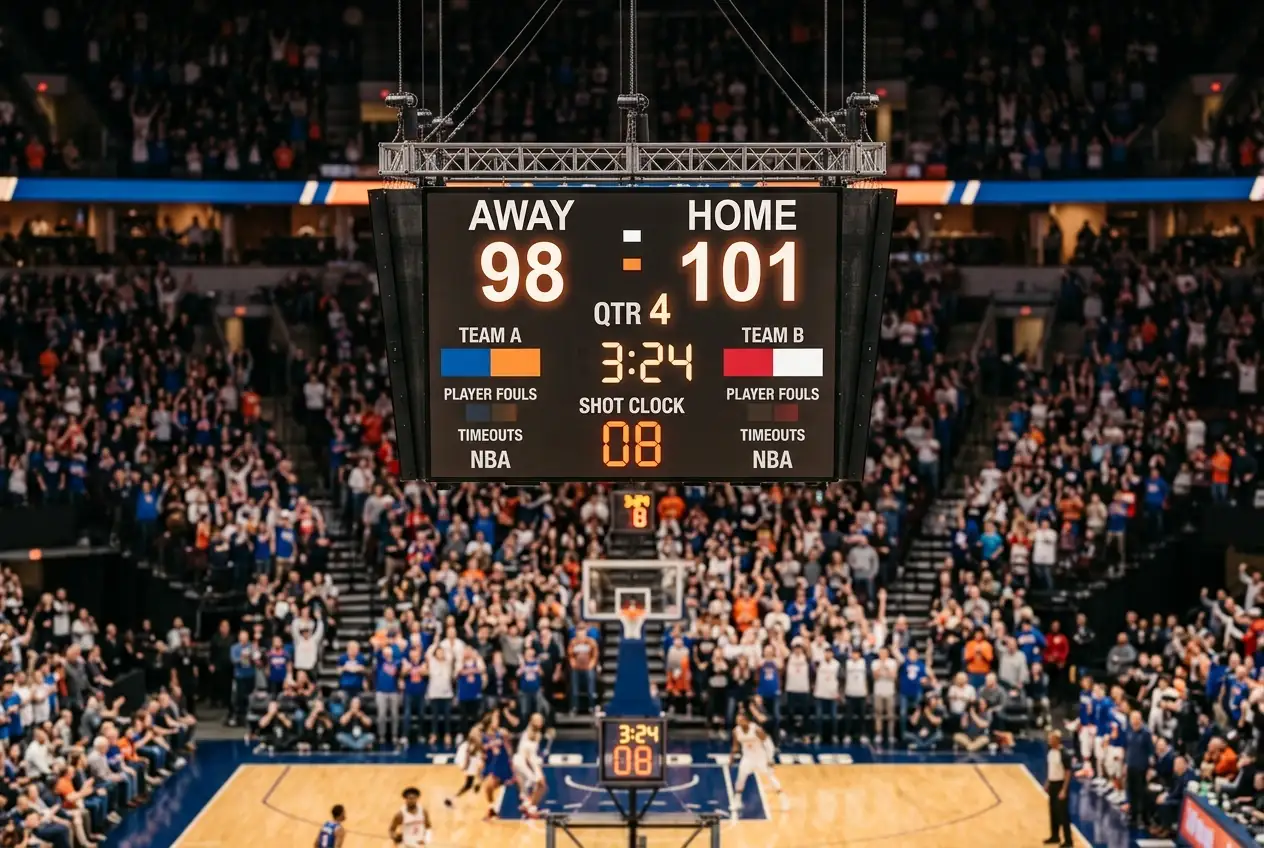 Close-up of an NBA scoreboard inside an arena showing a tight final-minute score with the home crowd in soft focus