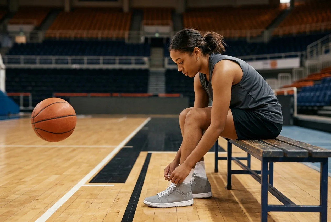 Basketball player tying their court shoes on a courtside bench before stepping onto the hardwood