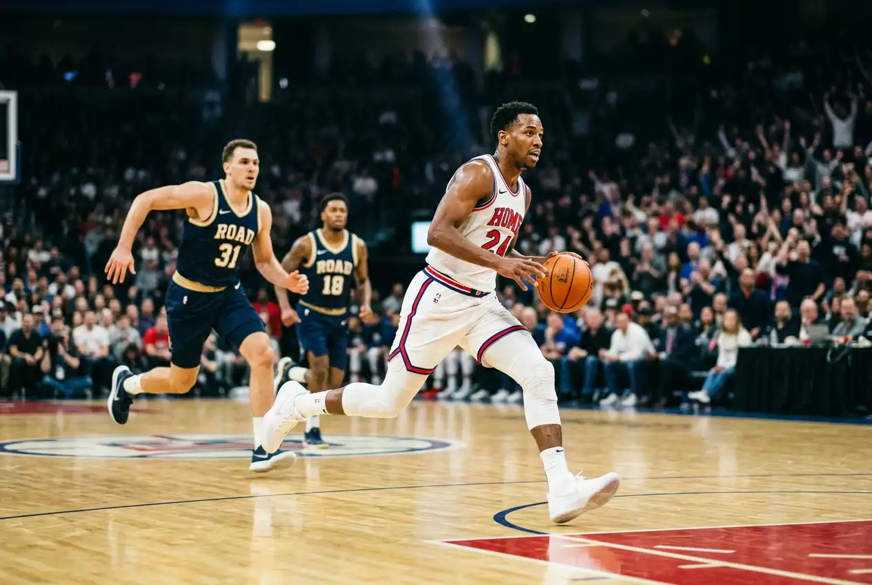NBA fast-break play in 2025-26 with players sprinting in transition — pace at 104.5 possessions per game