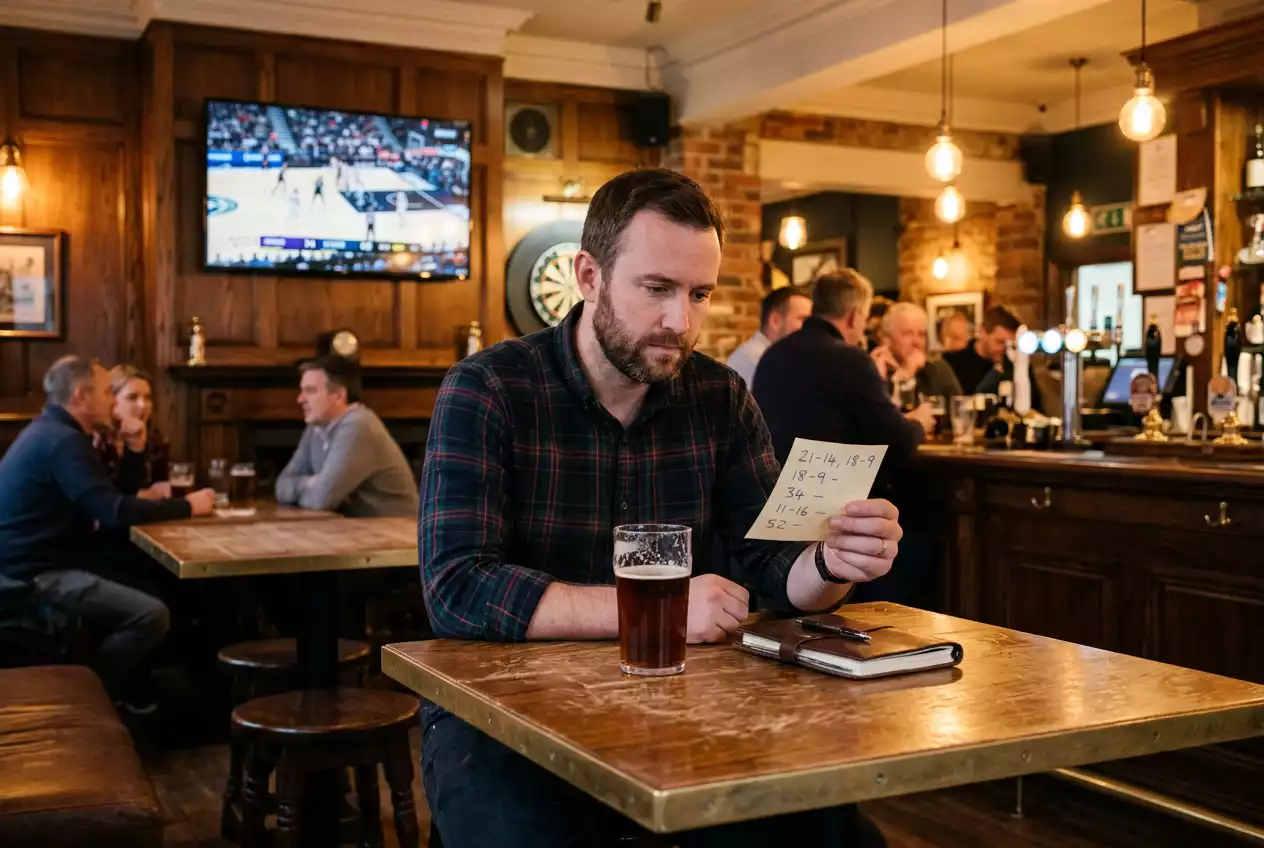 UK sports bar television showing an NBA game while bettors review fractional handicap odds on a betting slip